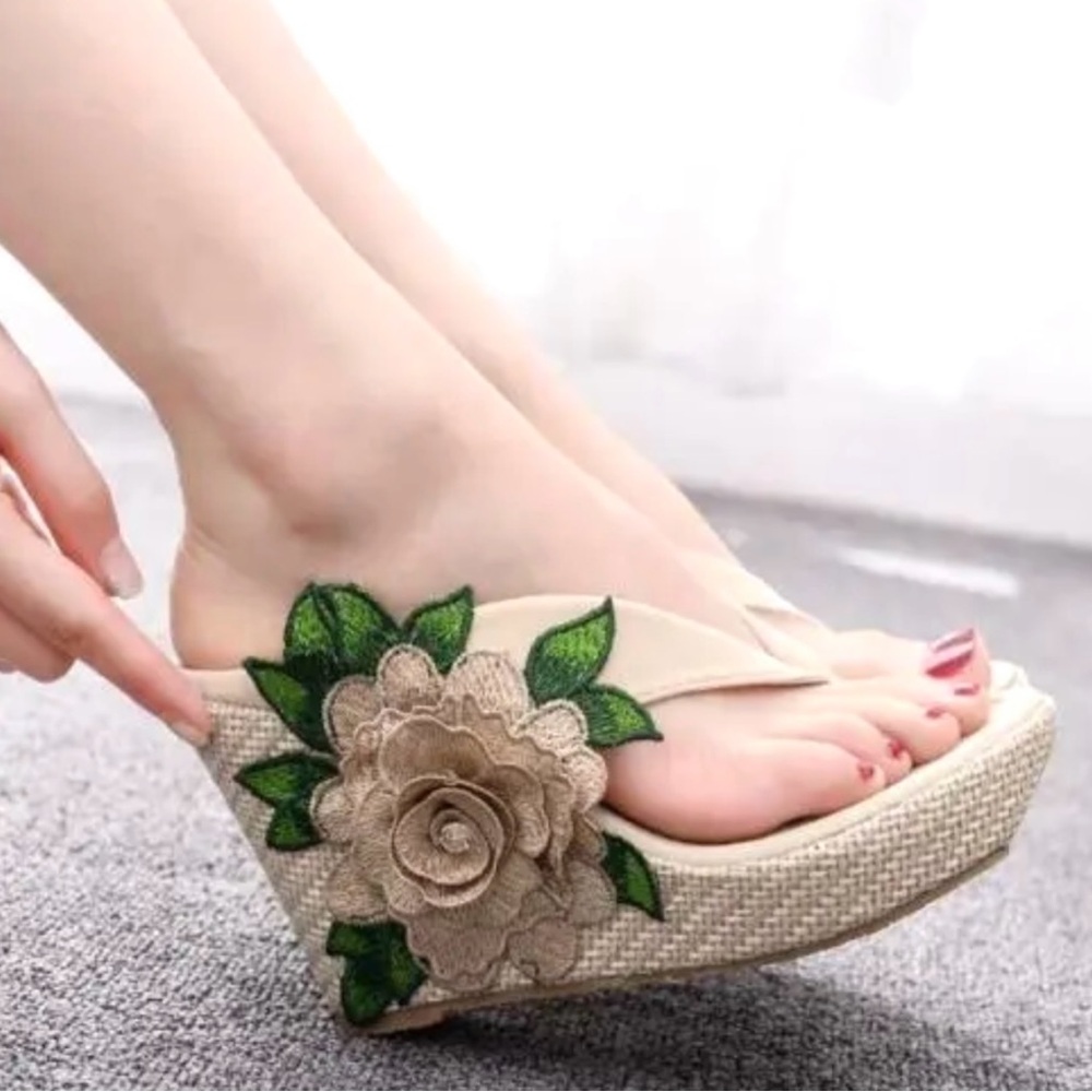 Elegant Beige Wedge Sandals with Floral Accent